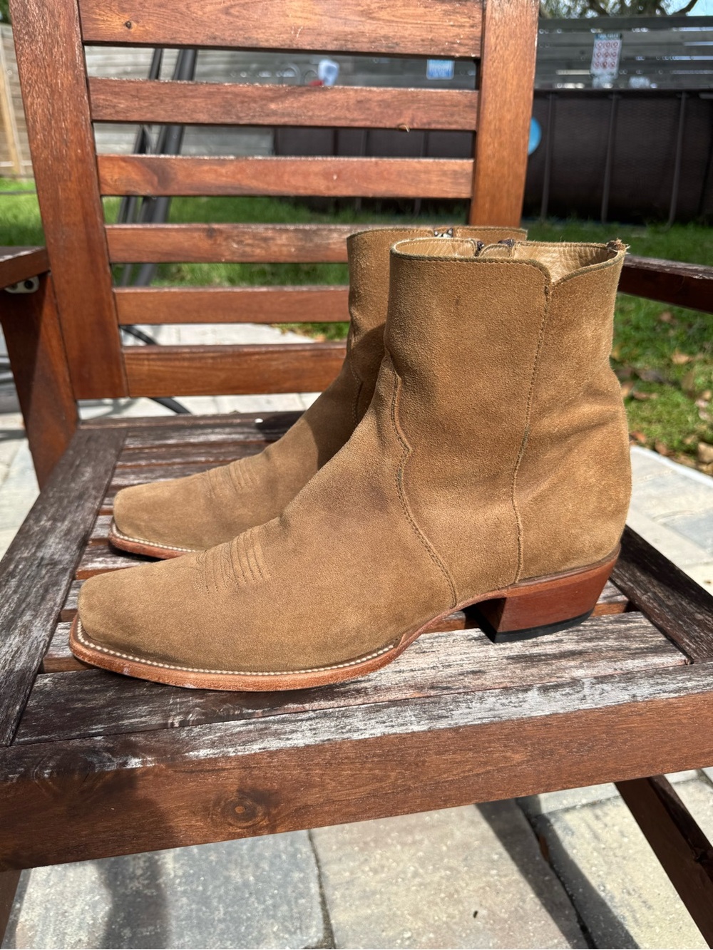 Rujo Reno Cowboy Western Zip Boot in Tan Roughout Suede Cutter Toe Size 14D